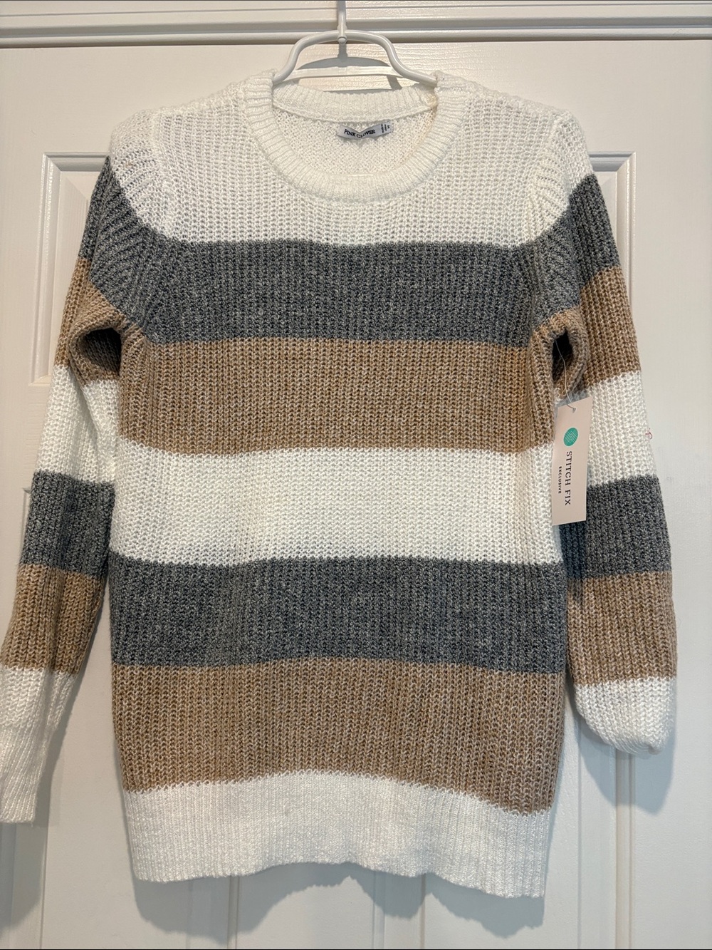 NWT Woman Stitch Fix   Striped Crewneck Sweater - White, Gray & Brown, Medium